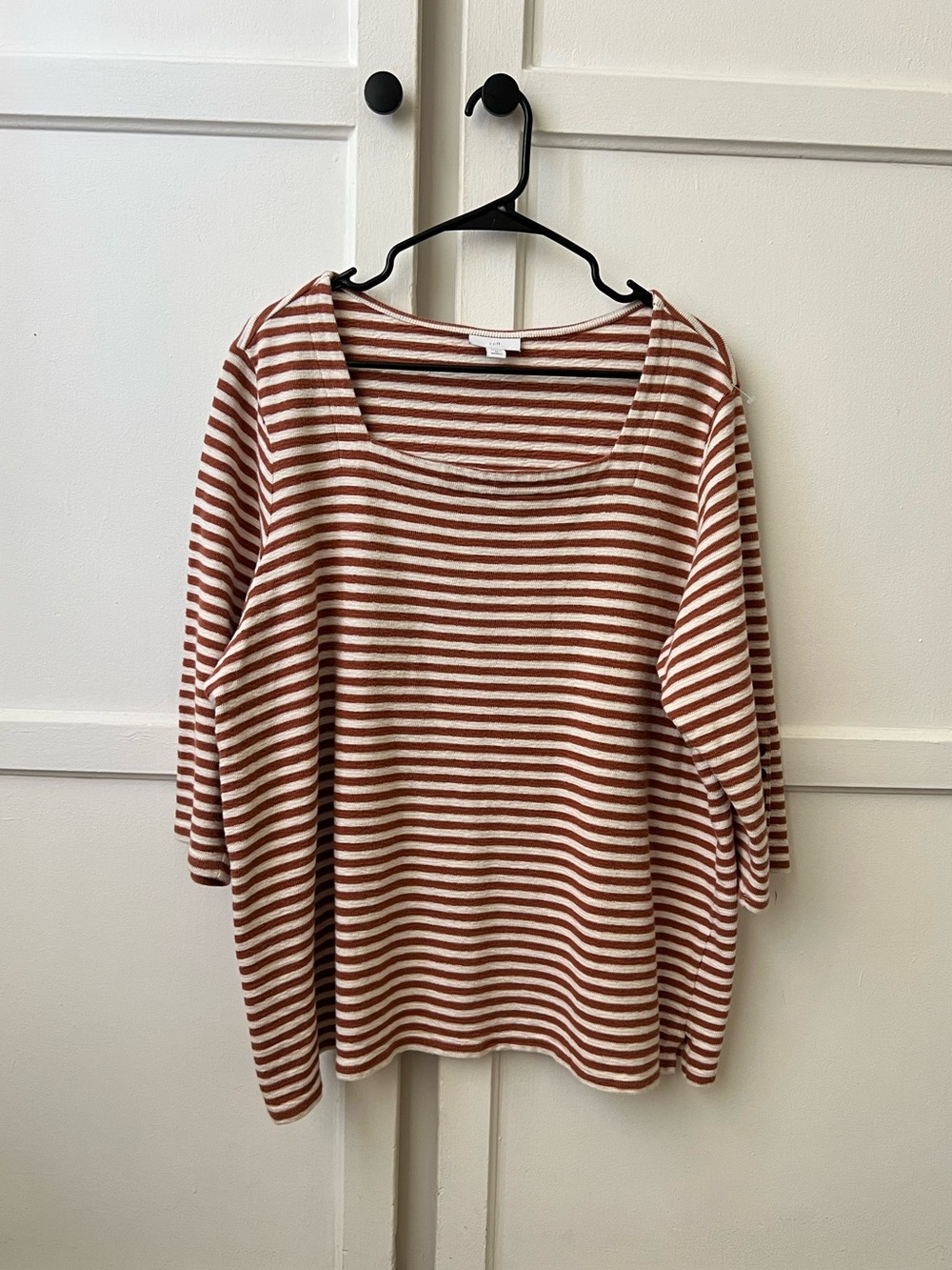 J Jill 100% Cotton Striped Square Neck 3/4 Sleeve Top - Rust & Cream - XXL